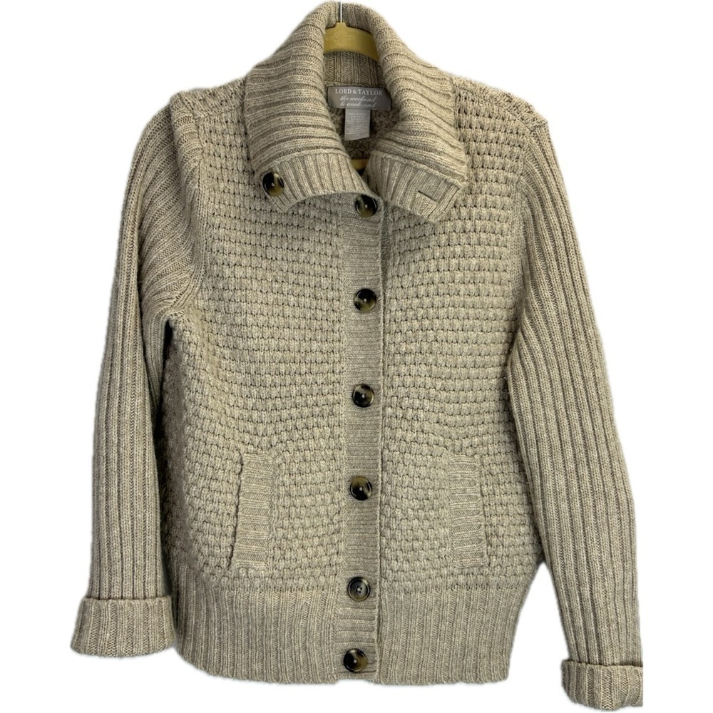 Lord & Taylor Chunky Cardigan Wool Alpaca Blend Wide Collar Sweater Vint…